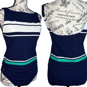 Y2K Lauren Ralph Lauren Tankini 2 Piece Swimsuit Blue Green White Stripes Size S
